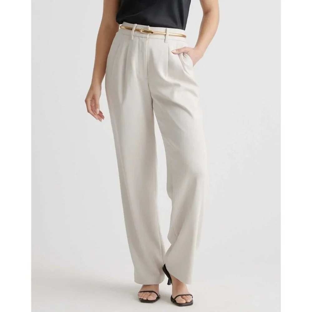 Quince Stretch Crepe Pleated Wide Leg Pant Sand Beige High Rise Women Size 10